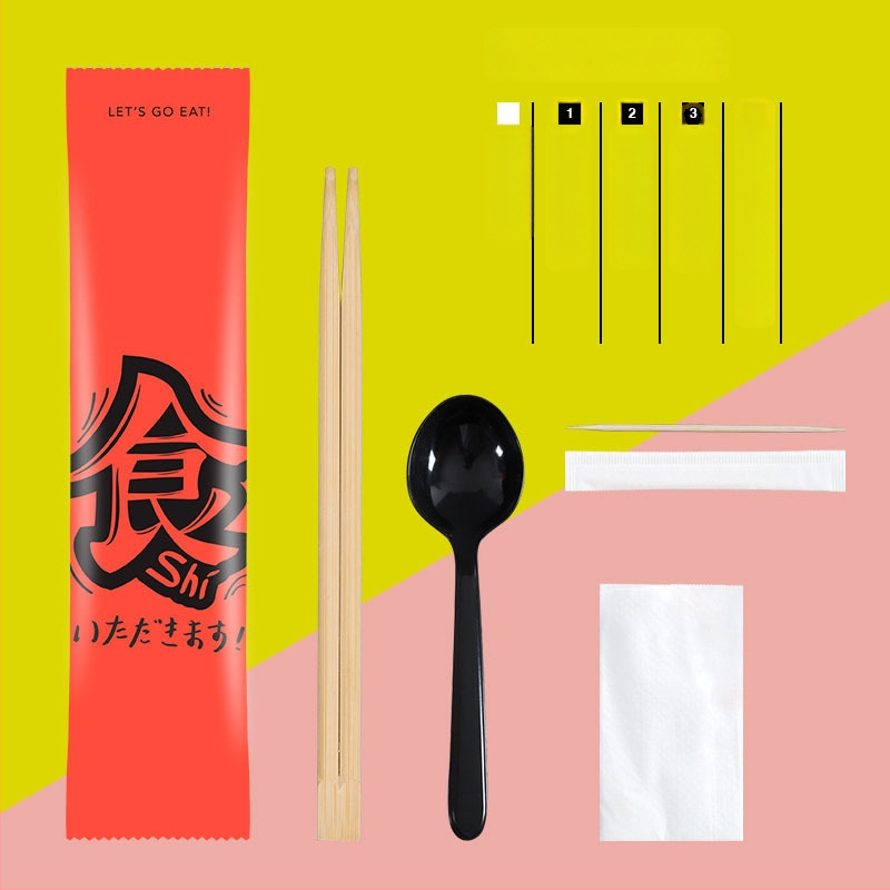 Σετ μίας χρήσης από μπαμπού τετράδας για μαχαιροπίρουνα (chopsticks, κουτάλι, πιρούνι, μαχαίρι) με προσαρμοζόμενο λογότυπο; 1000 τεμάχια σε συσκευασία