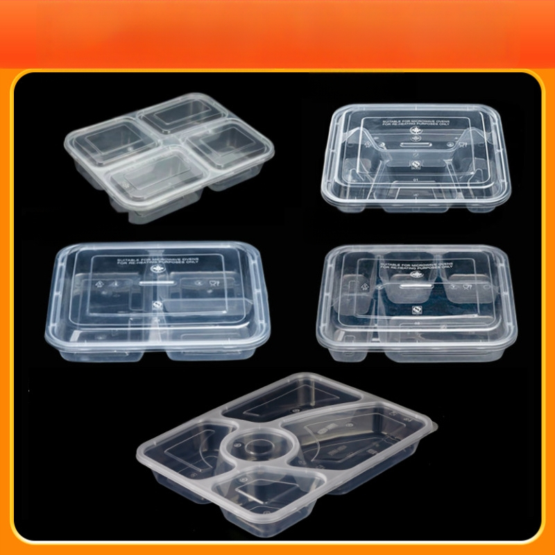 Cutie de prânz de unică folosință cu compartimente multiple (3/4/5), material PP, imprimare logo și personalizare disponibile, nu este compatibilă cu microundele.