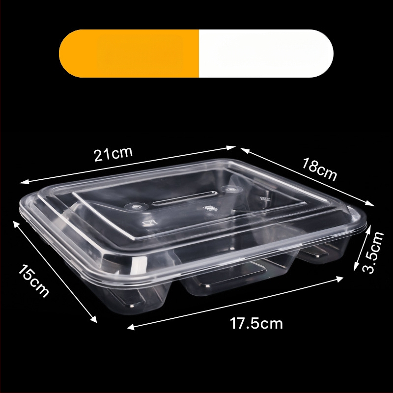 Cutie de prânz de unică folosință cu compartimente multiple (3/4/5), material PP, imprimare logo și personalizare disponibile, nu este compatibilă cu microundele.