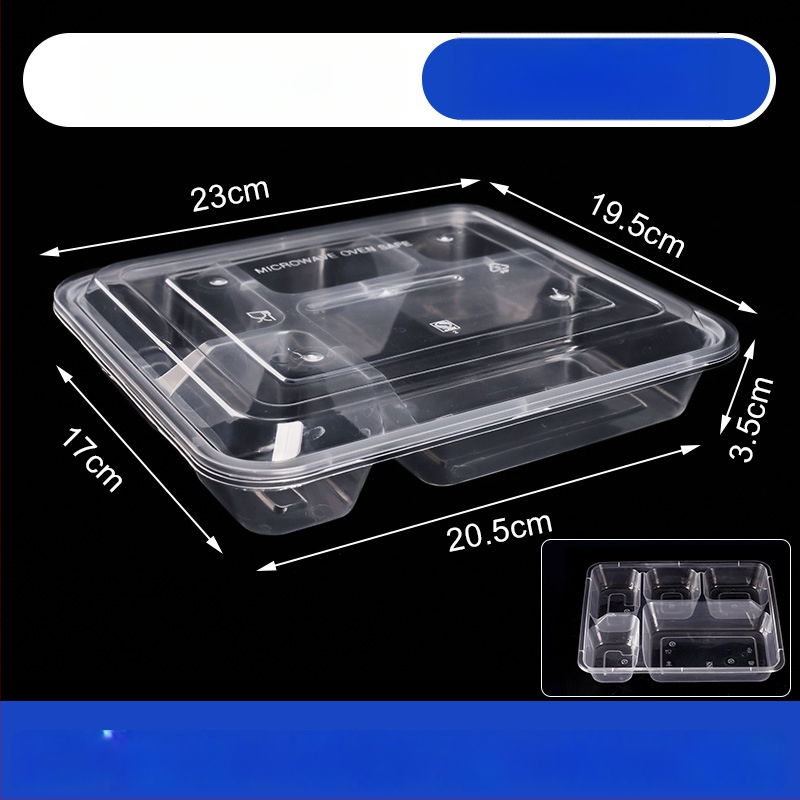Cutie de prânz de unică folosință cu compartimente multiple (3/4/5), material PP, imprimare logo și personalizare disponibile, nu este compatibilă cu microundele.