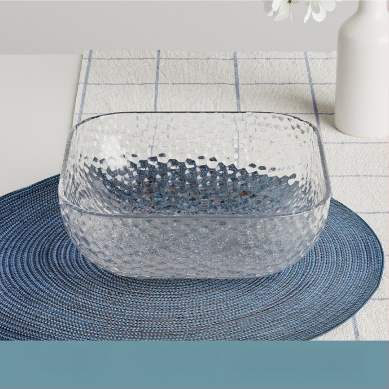 Γυάλινο μπολ σαλάτας και φρούτων με υφή χτυπήματος και μεταλλικό χείλος, θερμοανθεκτικό, διαφανές για οικιακή χρήση