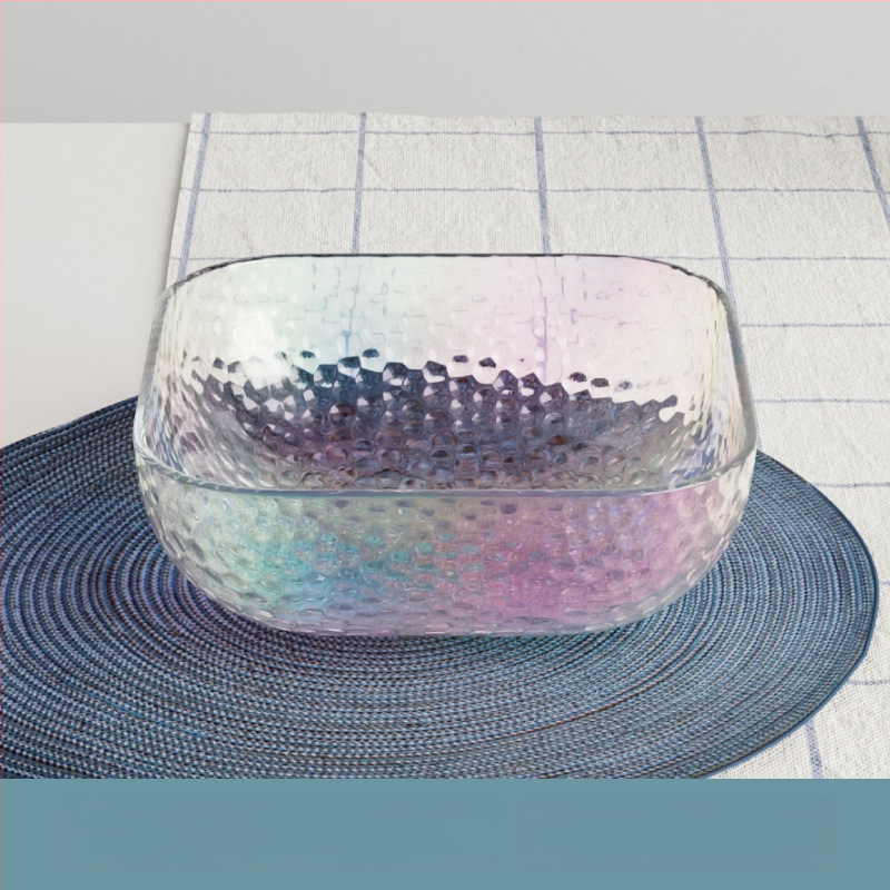 Γυάλινο μπολ σαλάτας και φρούτων με υφή χτυπήματος και μεταλλικό χείλος, θερμοανθεκτικό, διαφανές για οικιακή χρήση