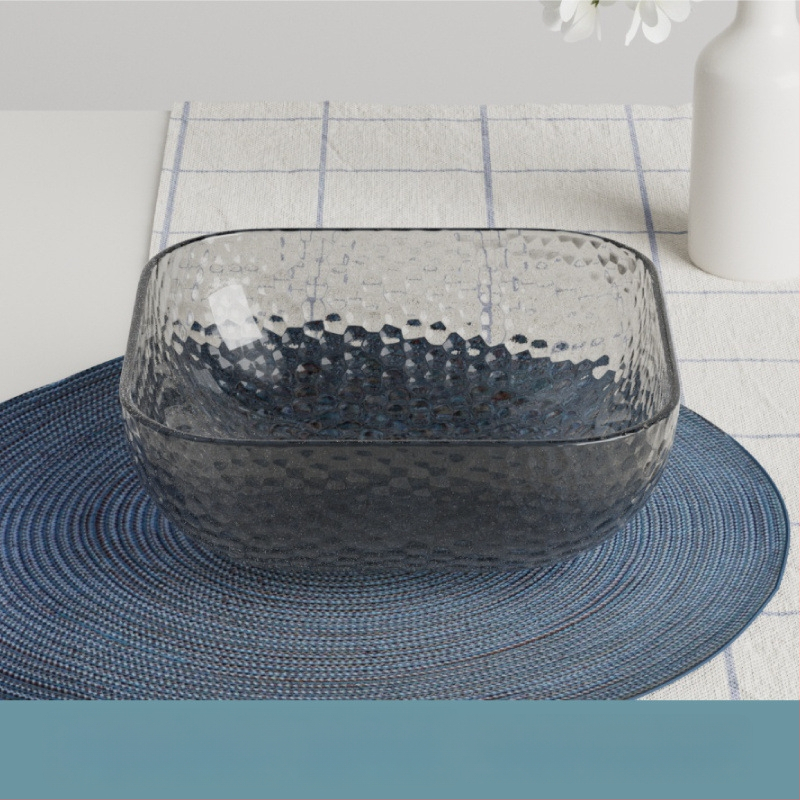 Γυάλινο μπολ σαλάτας και φρούτων με υφή χτυπήματος και μεταλλικό χείλος, θερμοανθεκτικό, διαφανές για οικιακή χρήση