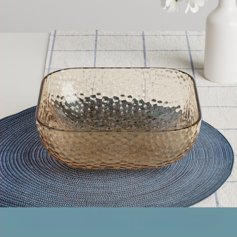 Γυάλινο μπολ σαλάτας και φρούτων με υφή χτυπήματος και μεταλλικό χείλος, θερμοανθεκτικό, διαφανές για οικιακή χρήση