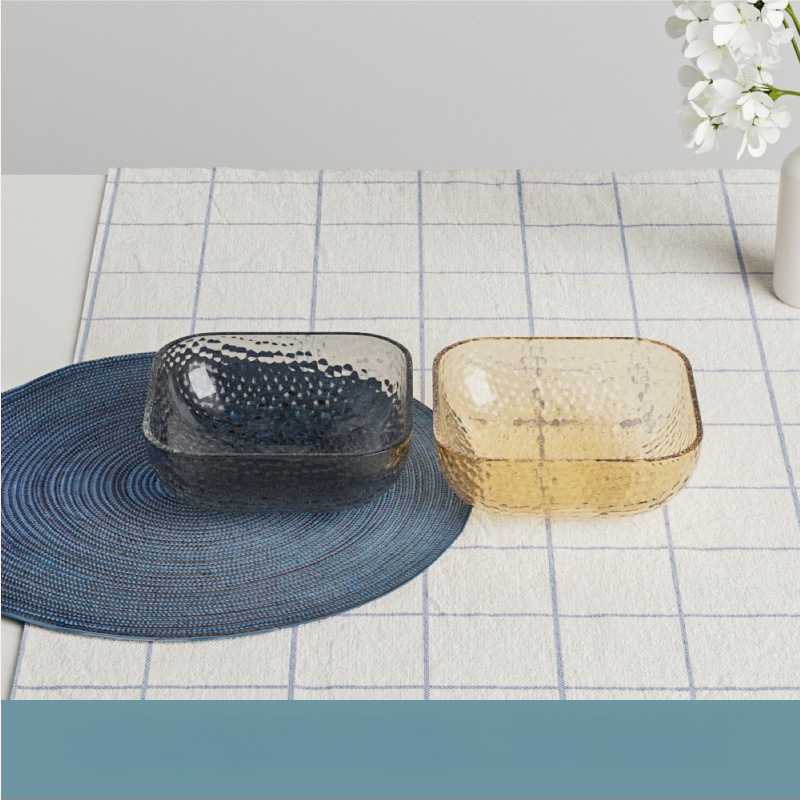 Γυάλινο μπολ σαλάτας και φρούτων με υφή χτυπήματος και μεταλλικό χείλος, θερμοανθεκτικό, διαφανές για οικιακή χρήση