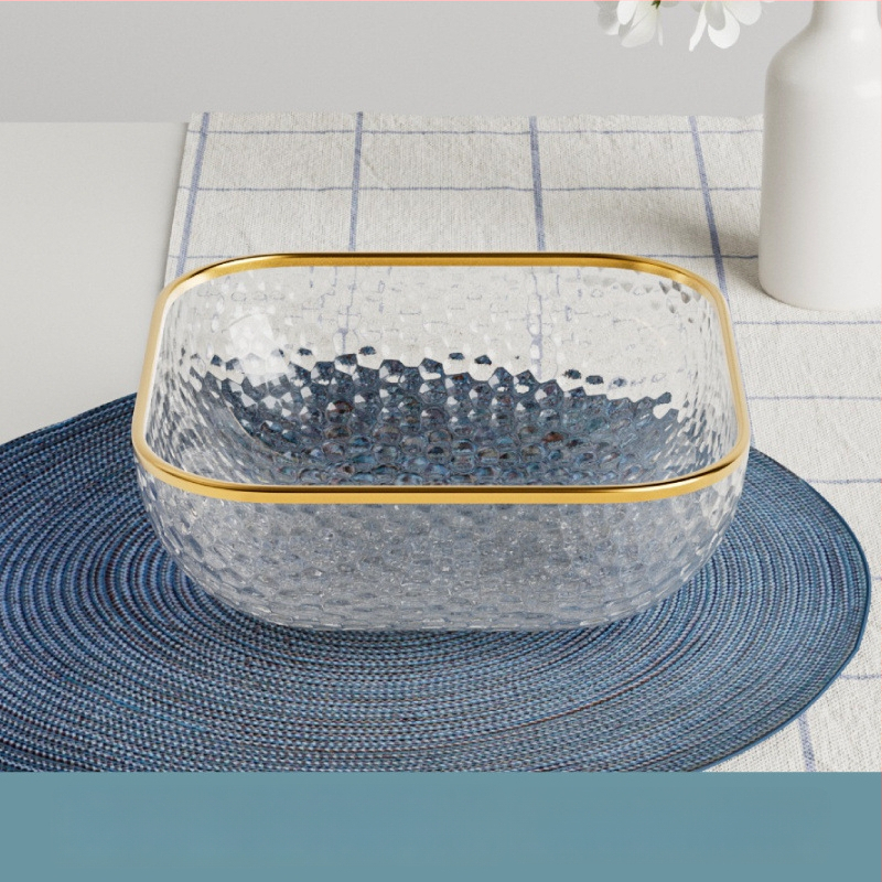 Γυάλινο μπολ σαλάτας και φρούτων με υφή χτυπήματος και μεταλλικό χείλος, θερμοανθεκτικό, διαφανές για οικιακή χρήση