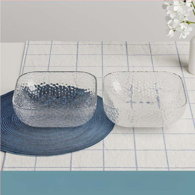 Γυάλινο μπολ σαλάτας και φρούτων με υφή χτυπήματος και μεταλλικό χείλος, θερμοανθεκτικό, διαφανές για οικιακή χρήση