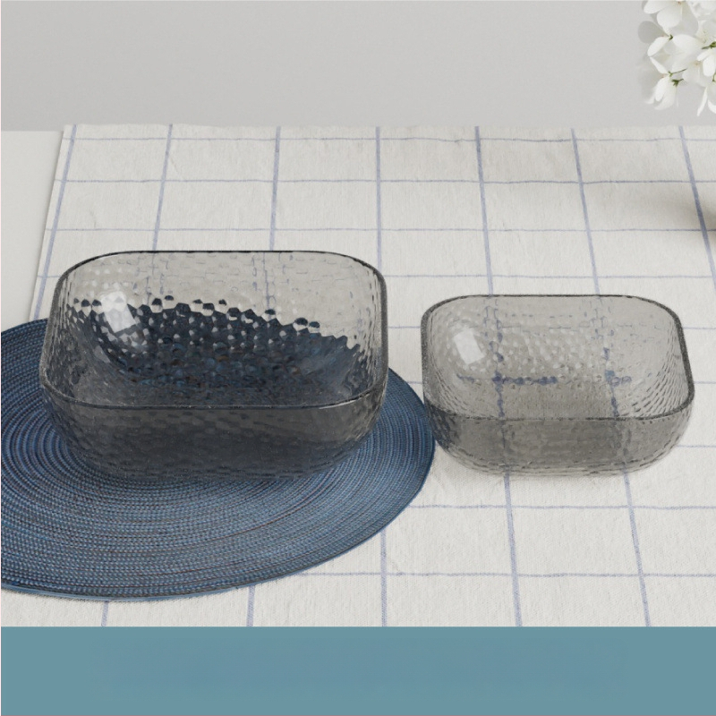 Γυάλινο μπολ σαλάτας και φρούτων με υφή χτυπήματος και μεταλλικό χείλος, θερμοανθεκτικό, διαφανές για οικιακή χρήση