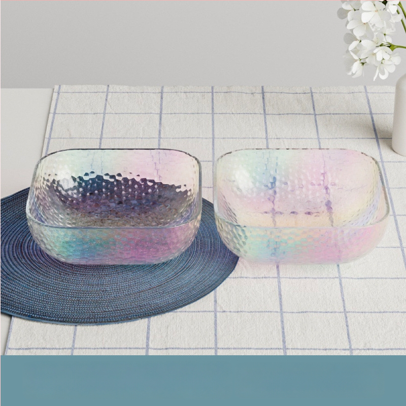 Γυάλινο μπολ σαλάτας και φρούτων με υφή χτυπήματος και μεταλλικό χείλος, θερμοανθεκτικό, διαφανές για οικιακή χρήση