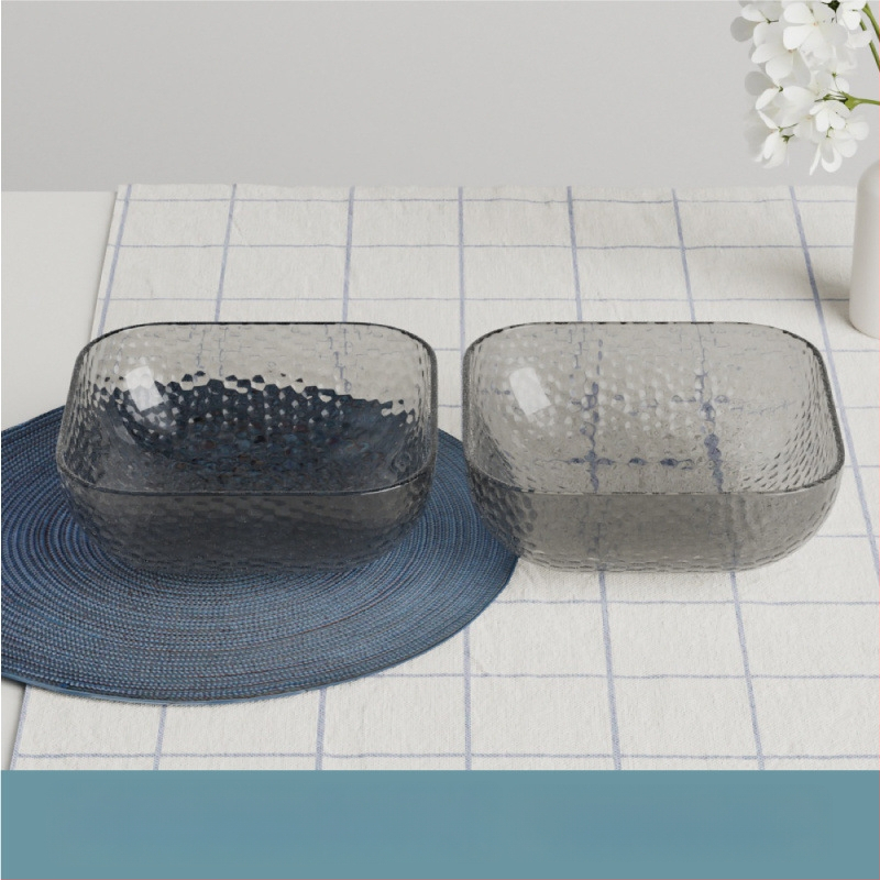 Γυάλινο μπολ σαλάτας και φρούτων με υφή χτυπήματος και μεταλλικό χείλος, θερμοανθεκτικό, διαφανές για οικιακή χρήση