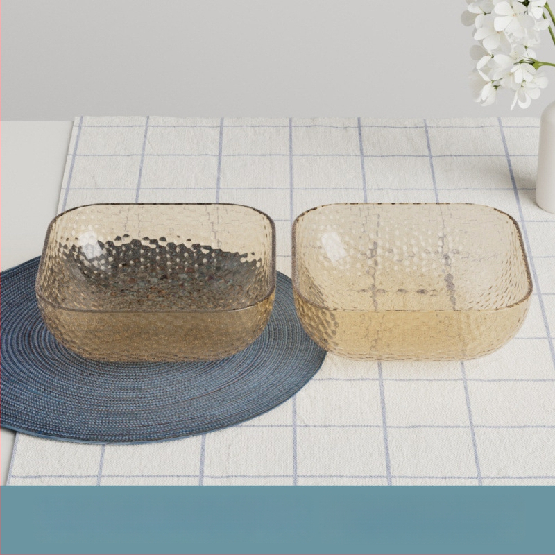 Γυάλινο μπολ σαλάτας και φρούτων με υφή χτυπήματος και μεταλλικό χείλος, θερμοανθεκτικό, διαφανές για οικιακή χρήση