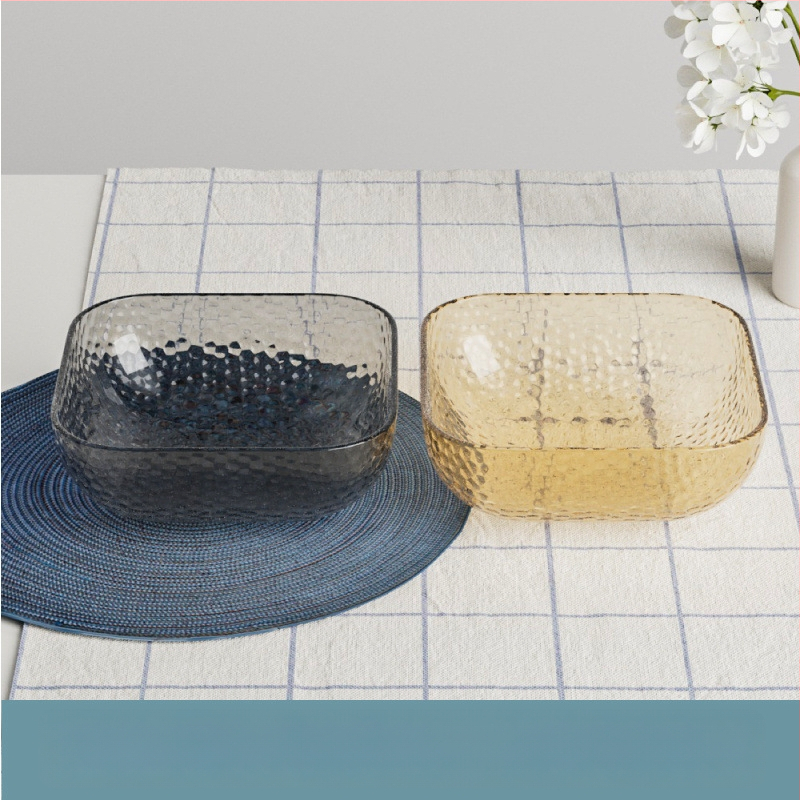 Γυάλινο μπολ σαλάτας και φρούτων με υφή χτυπήματος και μεταλλικό χείλος, θερμοανθεκτικό, διαφανές για οικιακή χρήση