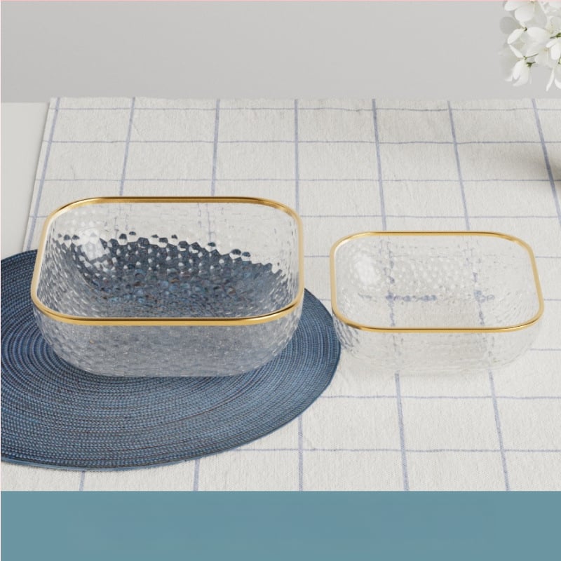 Γυάλινο μπολ σαλάτας και φρούτων με υφή χτυπήματος και μεταλλικό χείλος, θερμοανθεκτικό, διαφανές για οικιακή χρήση