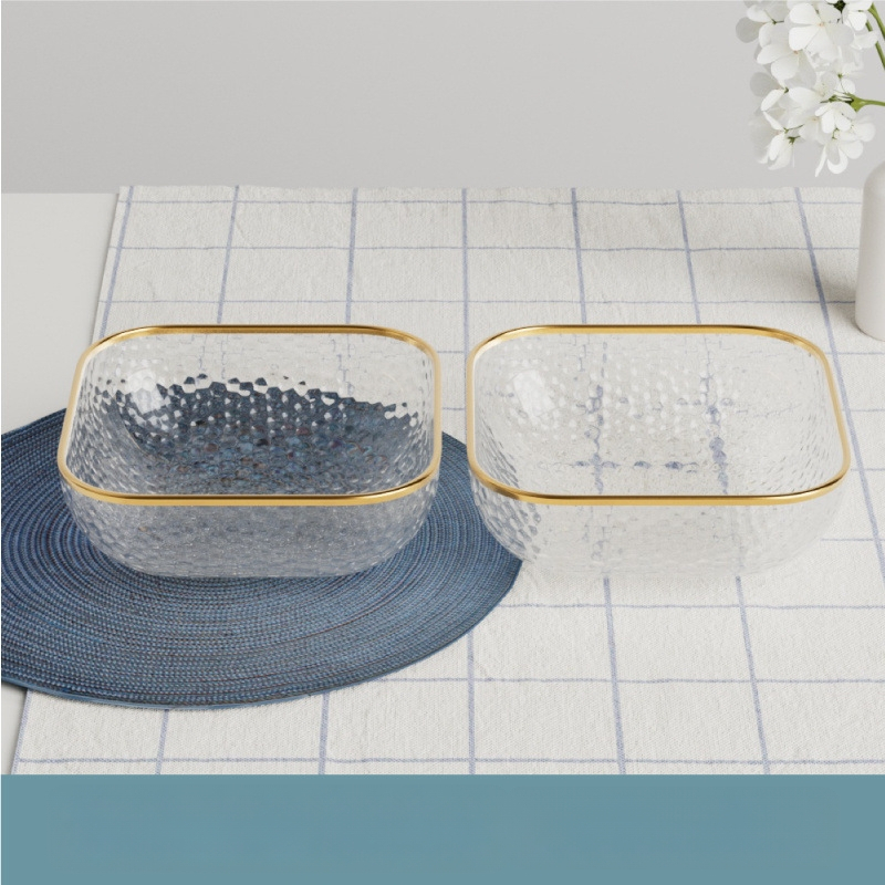 Γυάλινο μπολ σαλάτας και φρούτων με υφή χτυπήματος και μεταλλικό χείλος, θερμοανθεκτικό, διαφανές για οικιακή χρήση