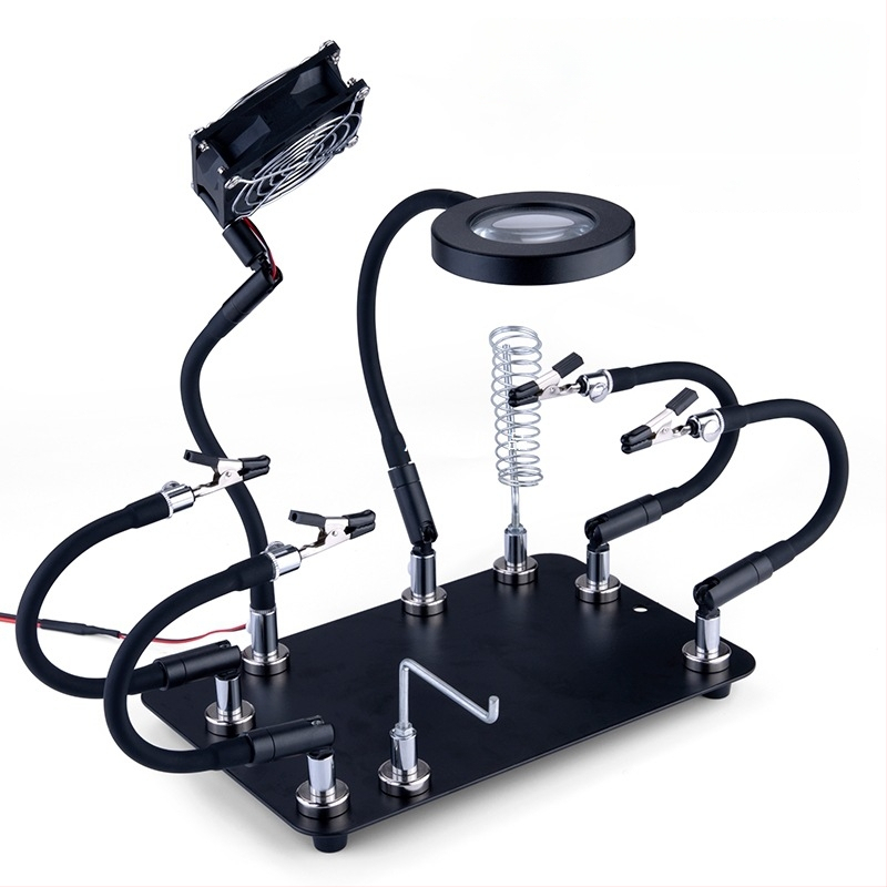 Професионална сваръчна станция със стойка за паялник, лупа, LED светлина, вентилатор за отвеждане на дима и магнитен ремонтен комплект