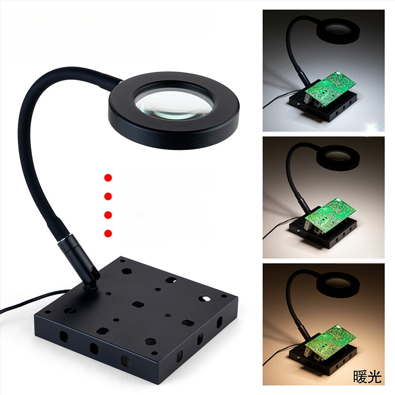 Професионална сваръчна станция със стойка за паялник, лупа, LED светлина, вентилатор за отвеждане на дима и магнитен ремонтен комплект