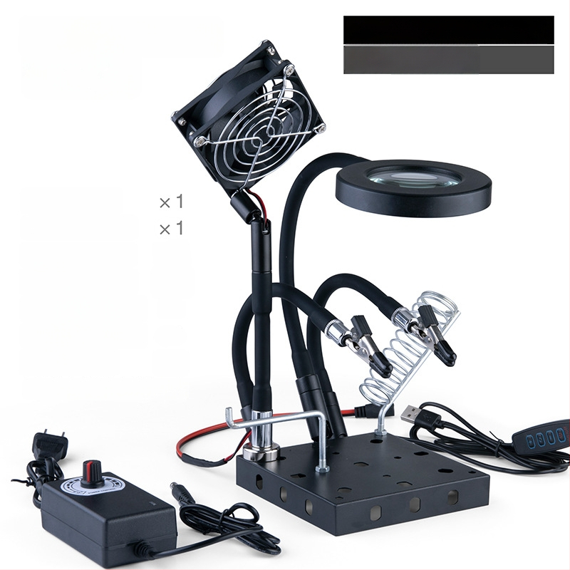 Професионална сваръчна станция със стойка за паялник, лупа, LED светлина, вентилатор за отвеждане на дима и магнитен ремонтен комплект
