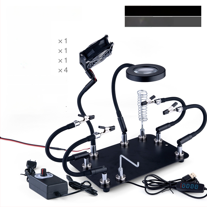 Професионална сваръчна станция със стойка за паялник, лупа, LED светлина, вентилатор за отвеждане на дима и магнитен ремонтен комплект