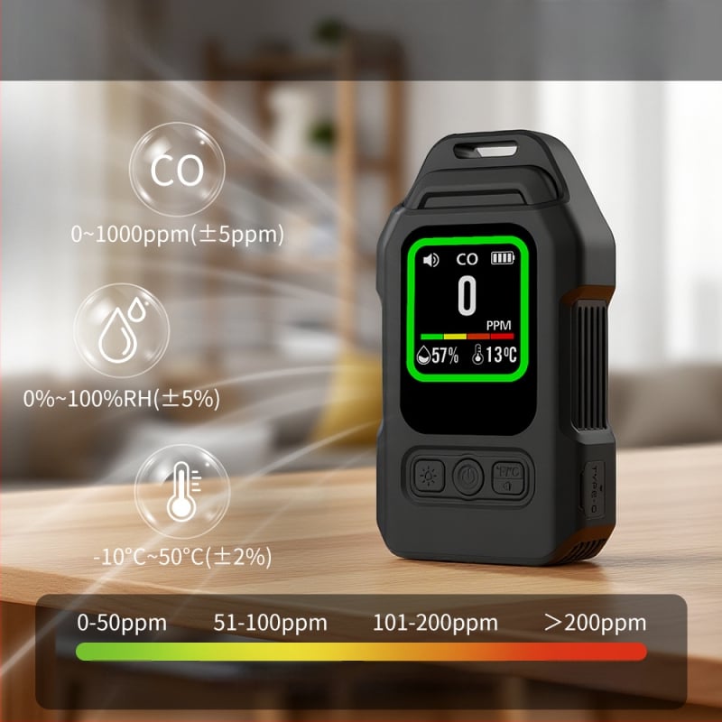 Prenosný detektor plynov s digitálnym displejom – Štyri v jednom: CO, CO2, teplota a vlhkosť, alarm, magnetické uchytenie