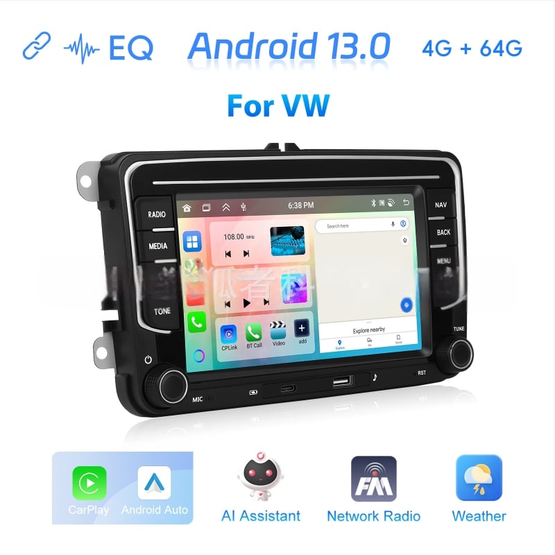 Za Volkswagen, 7-inčni Android 13 s Type-C brzim punjenjem, CarPlay središnja navigacijska jedinica i integrirana stražnja kamera