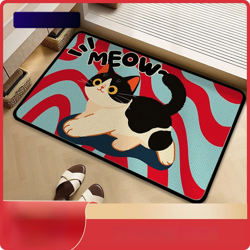 Laneni prostirka za pod s karikaturnom mačkom, upijajuća, protuklizna, brzo suši, kvadratnog oblika za kupaonicu