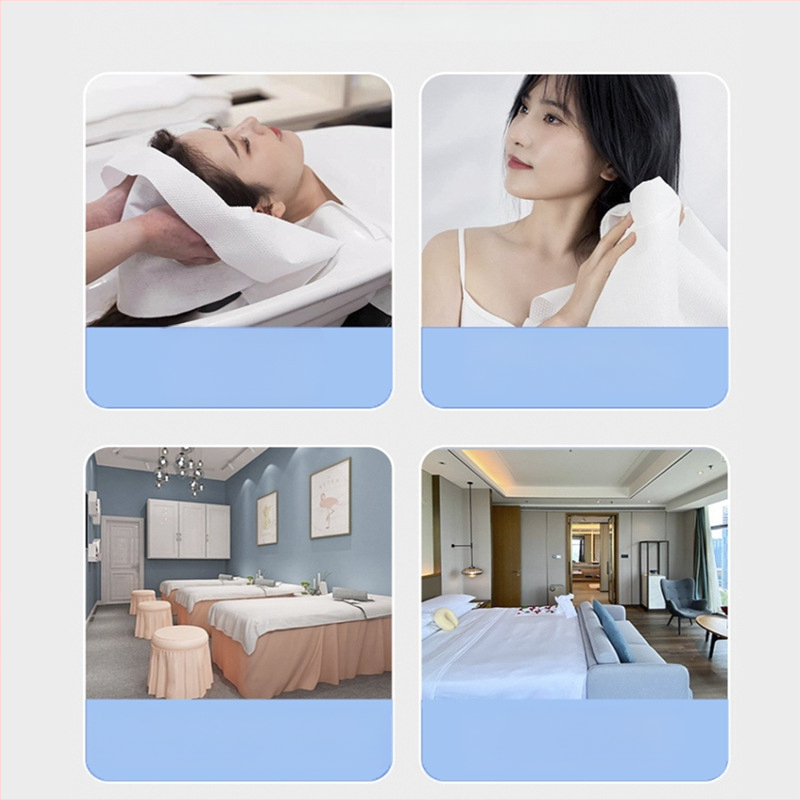 Еднократна кърпа за сушене на коса със турбан за салони (Материал: вискозно влакно; Абсорбция: 0–5 сек; Комплектация: 10 кърпи за коса, 3 кърпи за баня, 1 кърпа за крака)