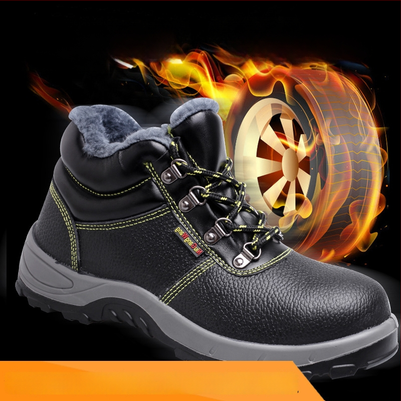 Pantofi de protecție de iarnă din piele de vițel, cu căptușeală de fleece, vârf din oțel, protecție anti-șoc și anti-perforație, calzi, durabili, impermeabili și rezistenți la ulei