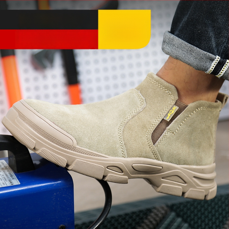 Pantofi de protecție pentru muncă, cu vârf din oțel, rezistenți la zdrobire și perforare, ușori, fără șireturi, din piele de vițel pentru sudură