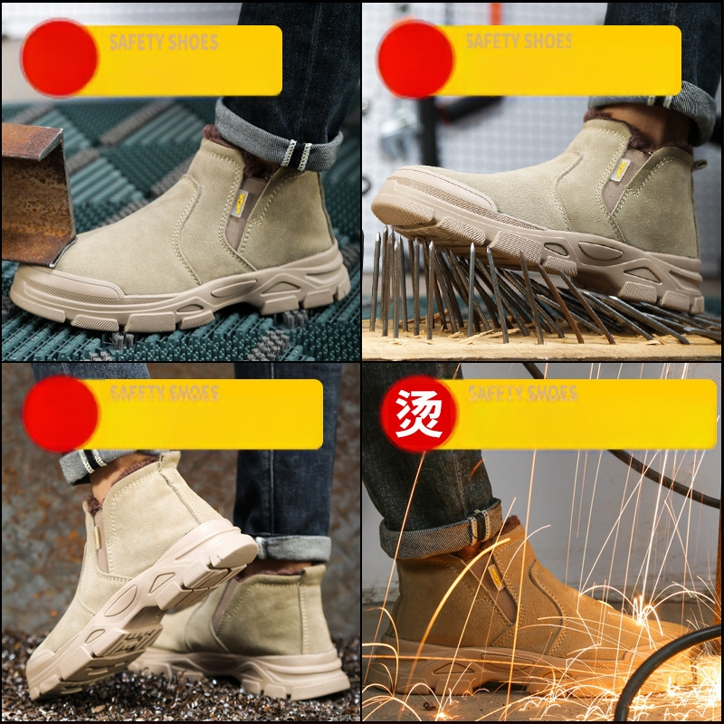 Pantofi de protecție pentru muncă, cu vârf din oțel, rezistenți la zdrobire și perforare, ușori, fără șireturi, din piele de vițel pentru sudură