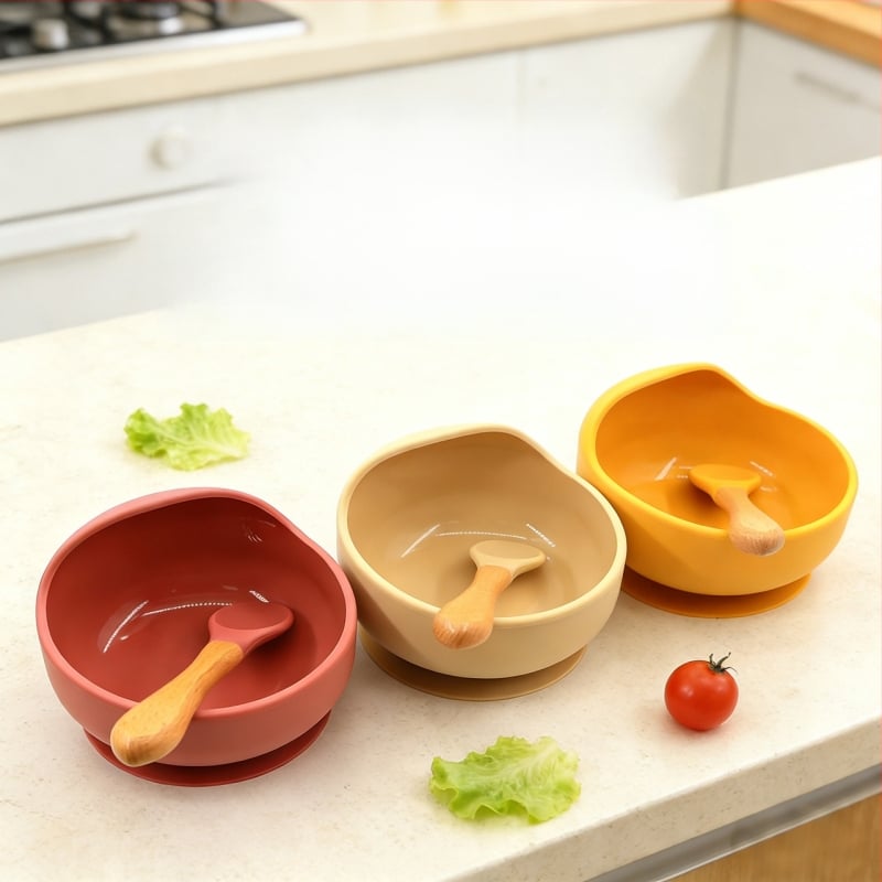 Silicone sraigės formos dubenėlis ir šaukštelis kūdikiams – 2 dalių komplektas, maisto kokybės silikonas, nuo 6 mėnesių