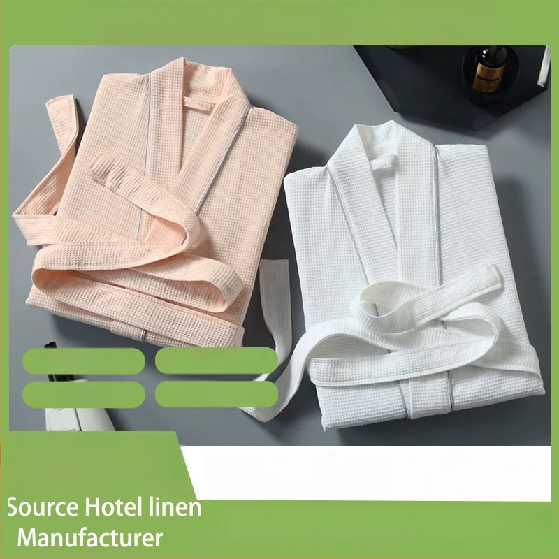 Bademantel od 100% pamuka s waffle uzorkom, prilagodljiv za sve sezone, bijela, unisex.