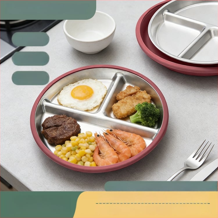 Kūdikių maitinimo lėkštė su trimis skyreliais, iš 304 nerūdijančio plieno, minimalistinio stiliaus, tinka nuo 6 mėnesių, vienas komplektas