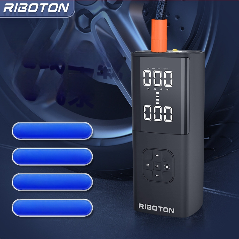 Kézben tartható vezeték nélküli elektromos levegőpumpa nyomásmérővel; kettős hengeres, 120W, 5V/3A, áramlás 25 L/min, LED fény