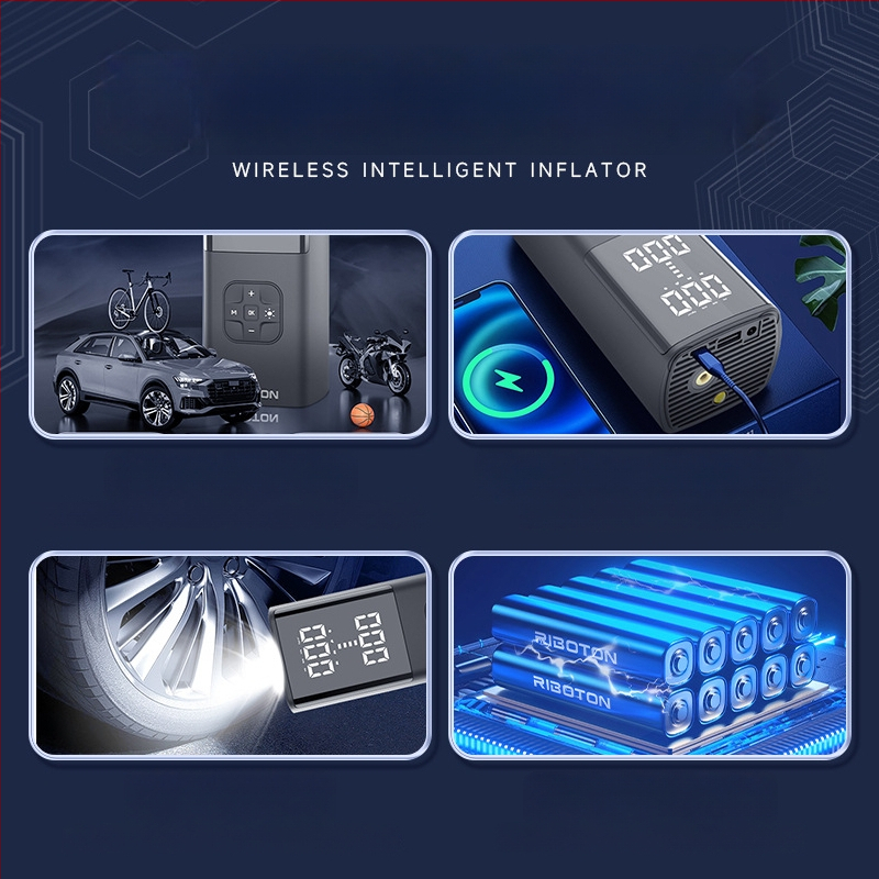 Kézben tartható vezeték nélküli elektromos levegőpumpa nyomásmérővel; kettős hengeres, 120W, 5V/3A, áramlás 25 L/min, LED fény