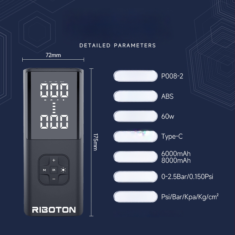 Kézben tartható vezeték nélküli elektromos levegőpumpa nyomásmérővel; kettős hengeres, 120W, 5V/3A, áramlás 25 L/min, LED fény