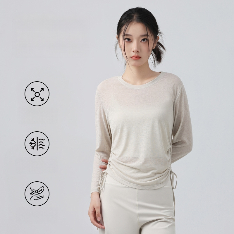 Γυναικείο μακρυμάνικο τοπ γιόγκα με κορδόνι, φαρδιά γραμμή, μήκος μέχρι τους γοφούς, ύφασμα πολυεστέρα, αναπνεόμενο και γρήγορο στέγνωμα — Φθινόπωρο 2025