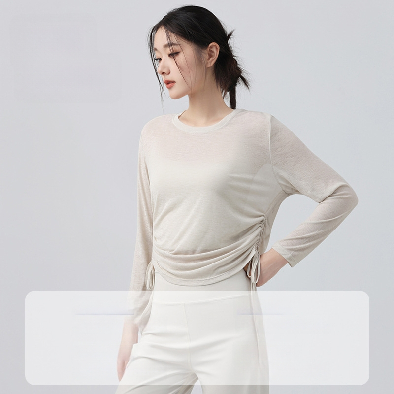 Γυναικείο μακρυμάνικο τοπ γιόγκα με κορδόνι, φαρδιά γραμμή, μήκος μέχρι τους γοφούς, ύφασμα πολυεστέρα, αναπνεόμενο και γρήγορο στέγνωμα — Φθινόπωρο 2025