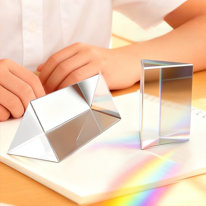 Optikai prizma fizika kísérletekhez: törés és diszperzió, K9 modell, üveg-plasztik kivitel