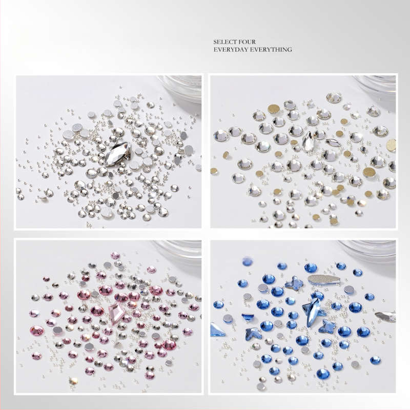 Nagų dailės nepravilūs formos kristalai: rinkinys mini kristalų, metalinių karoliukų ir plokščia pagrindo kristalų; spindintys kristalai, iridiscencijos paviršius; Medžiagos: metalas, kristalai, stiklas