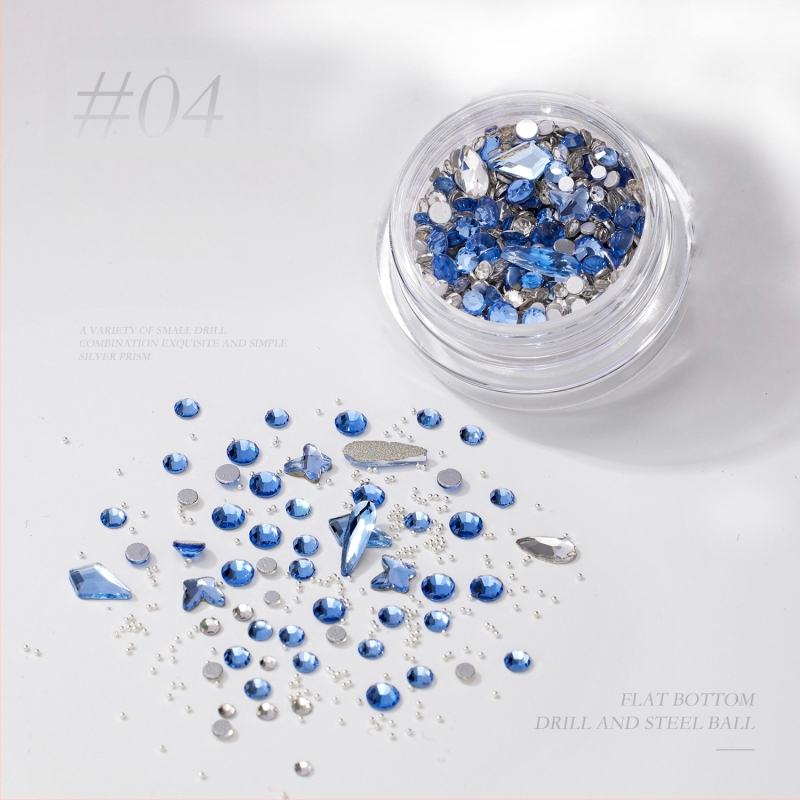 Nagų dailės nepravilūs formos kristalai: rinkinys mini kristalų, metalinių karoliukų ir plokščia pagrindo kristalų; spindintys kristalai, iridiscencijos paviršius; Medžiagos: metalas, kristalai, stiklas