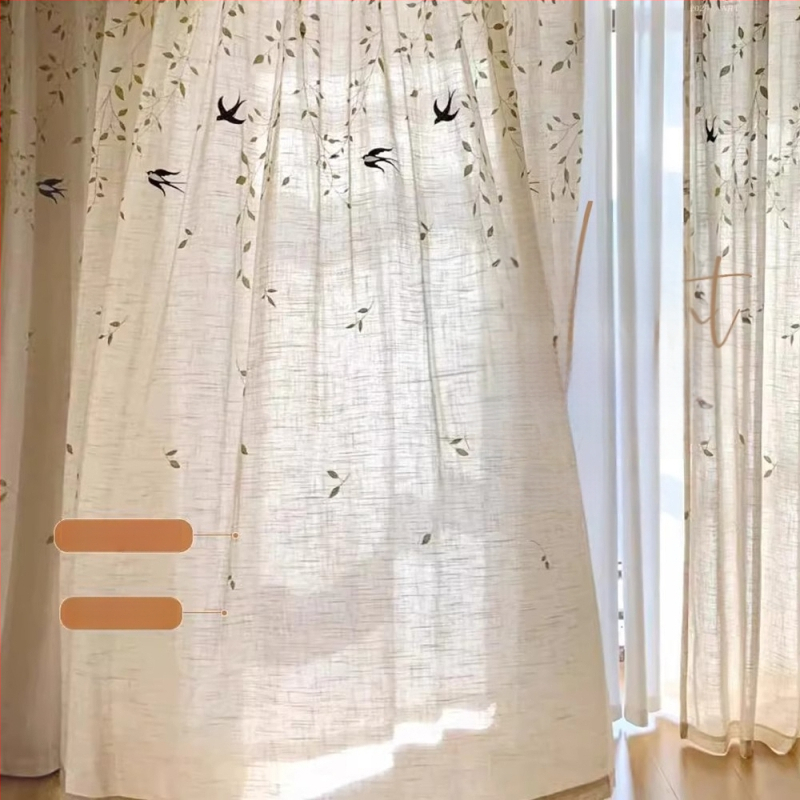 Lanena prozirna zavjesa u Song stilu s pletenom vrbom i motivom lastavice, zen dizajn za radnu sobu