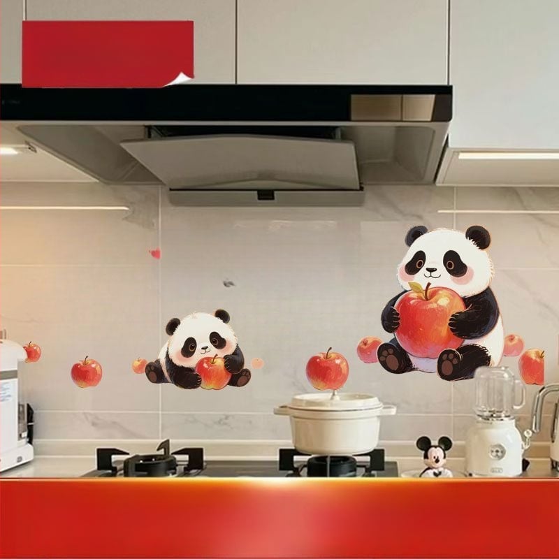 Αυτοκόλλητο τοίχου κουζίνας – Panda Apple μοτίβο, ανθεκτικό σε λιπαρά, καρτούν επίπεδη διακόσμηση, 1 τεμάχιο, φιλμ πλαστικό