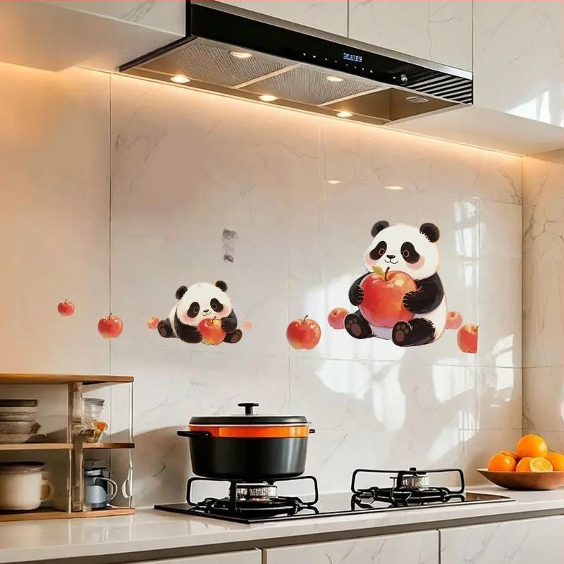Αυτοκόλλητο τοίχου κουζίνας – Panda Apple μοτίβο, ανθεκτικό σε λιπαρά, καρτούν επίπεδη διακόσμηση, 1 τεμάχιο, φιλμ πλαστικό