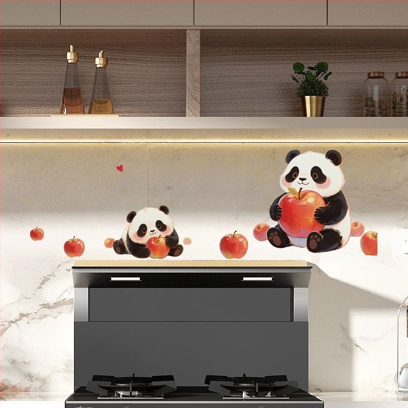 Αυτοκόλλητο τοίχου κουζίνας – Panda Apple μοτίβο, ανθεκτικό σε λιπαρά, καρτούν επίπεδη διακόσμηση, 1 τεμάχιο, φιλμ πλαστικό