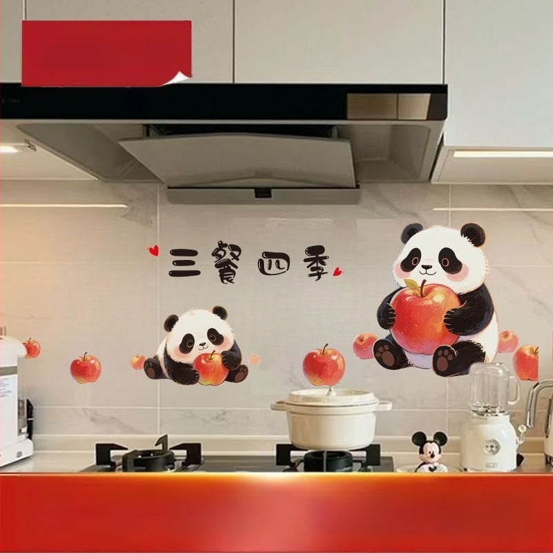 Αυτοκόλλητο τοίχου κουζίνας – Panda Apple μοτίβο, ανθεκτικό σε λιπαρά, καρτούν επίπεδη διακόσμηση, 1 τεμάχιο, φιλμ πλαστικό