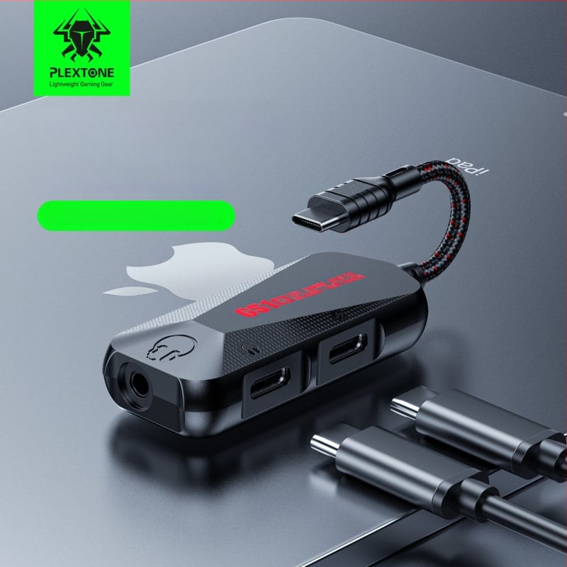 Plextone GS1 Μετατροπέας USB-C 3-σε-1 και κάρτα ήχου για παιχνίδια, 60W γρήγορη φόρτιση