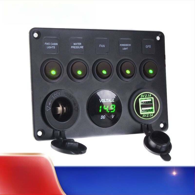 Yomi ZR0080332 Voltmetar s prekidačem od 5 pozicija, USB 4.2A, prikaz napona, za automobile, motocikle i brodove, 12–24V, aluminij + plastika, težina 500 g