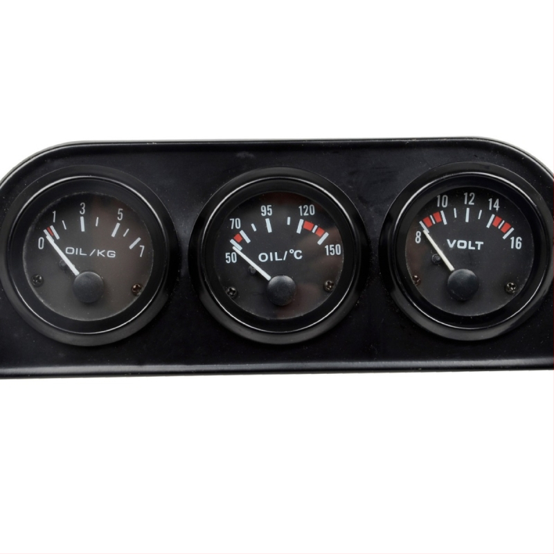 52 mm trodijelni mjerni skup za automobil: voltmetar, mjerač temperature vode, mjerač tlaka ulja, 12V crni okvir s bijelim brojčanikom