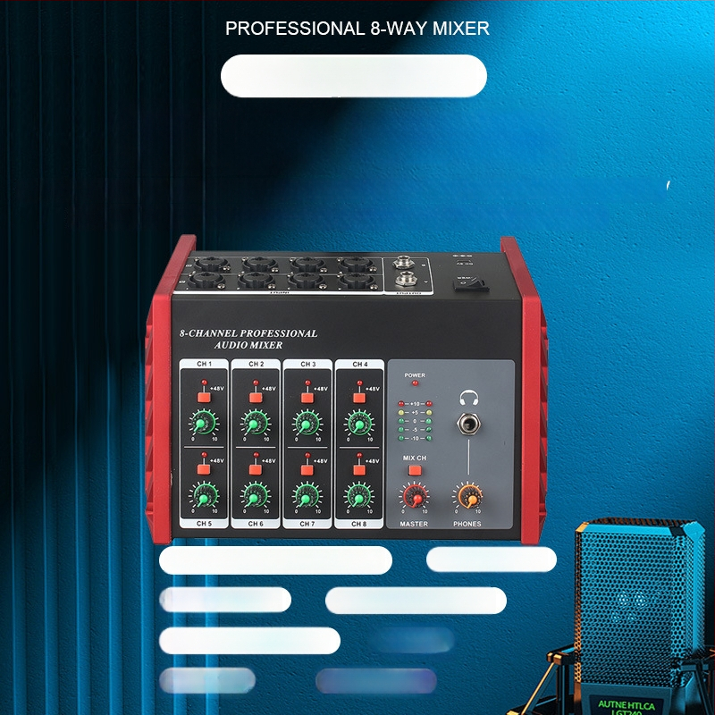8-kanálový audio mixér s integrovaným 48V napájaním pre gitaru, bicie a ďalšie nástroje, monitorovanie cez slúchadlá a nahrávanie na počítač