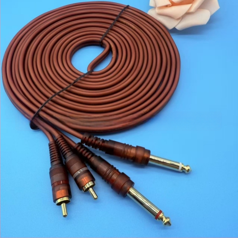5 m smeđi zaštićeni dvostruki audio kabel: 6,35 mm na 2 RCA i 6,5 mm na dvostruko RCA za mikser